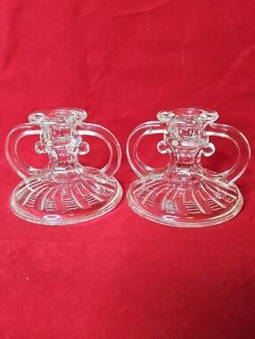 Vintage LE Smith Clear Glass Double-Handled Candle Holder Matching Pair
